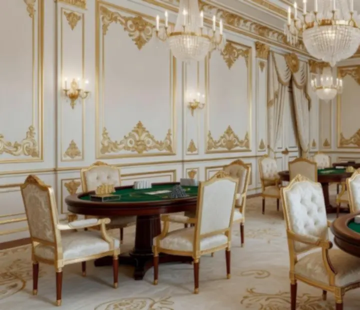 Barok ingerichte entertainmentruimte met speeltafels voor kaartspellen