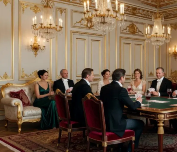 Barokke kaartclub met kristallen kroonluchter en luxe speeltafels