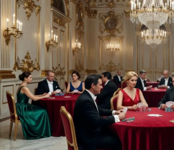 Luxe Barok poker gala met gedekte tafels en kristallen kroonluchters