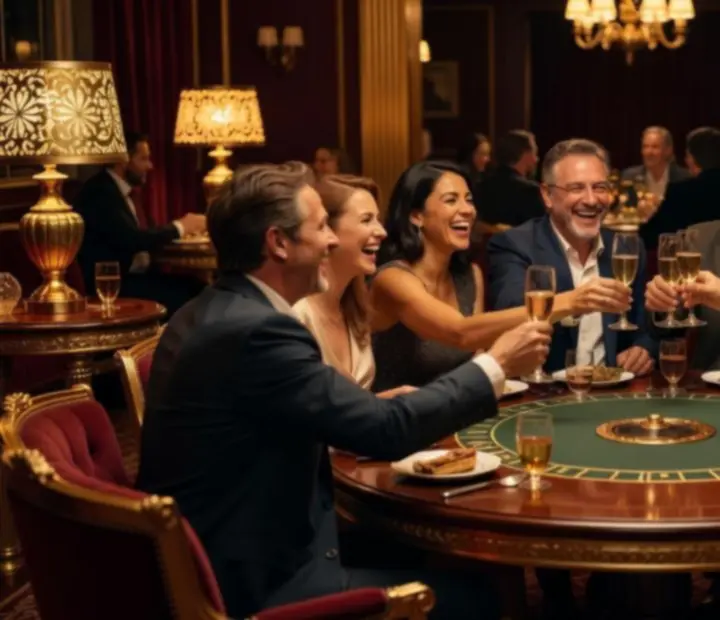 Groep gasten lacht tijdens een luxe kaartavond in een goudaccent lounge