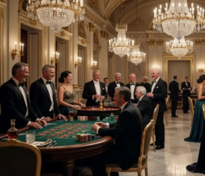 Luxe casino-style gala avond in een grote zaal met kristallen kroonluchters