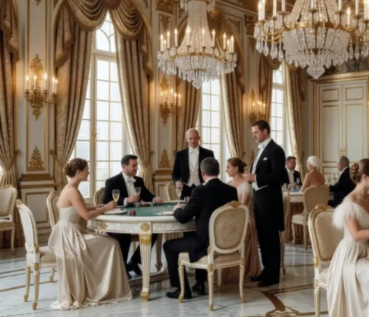 Barokke casino-style gala-avond met kristallen kroonluchters en chic geklede gasten