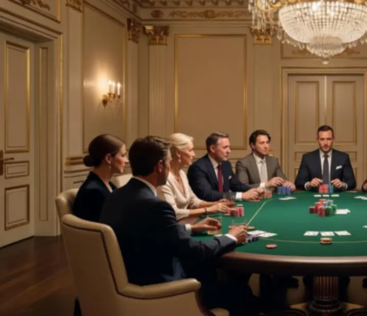 Gezellige offline pokeravond met vrienden aan een luxe pokertafel