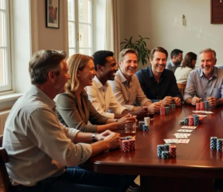 Groep mensen aan een pokertafel die samen lachen en kaarten delen in clubsetting